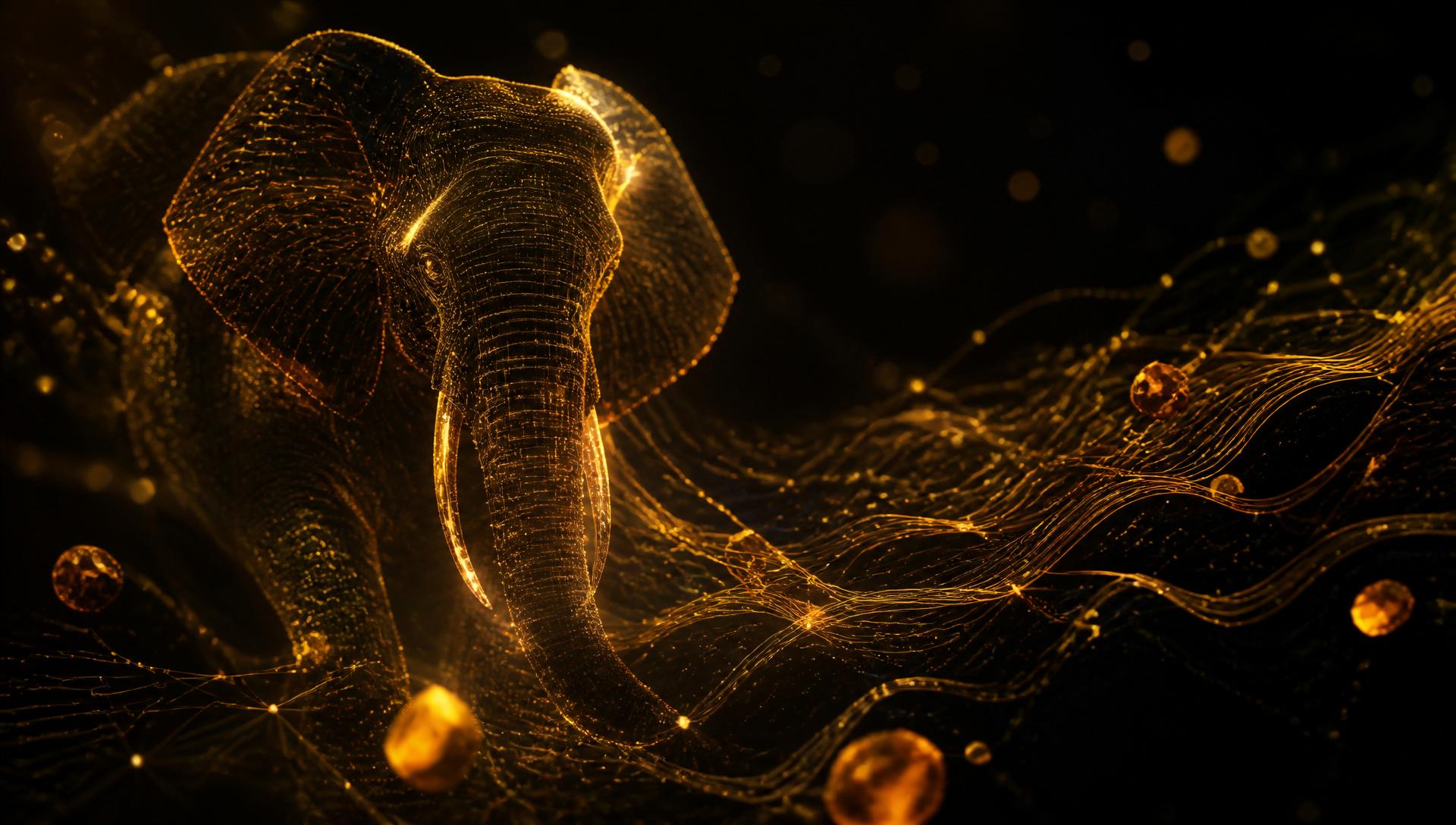 SlonPlus AI neural network with golden elephant symbol on dark premium background